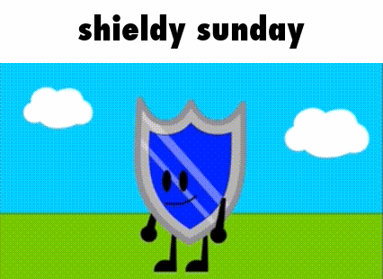 a blue shield with arms and legs is standing in a field with the words `` shieldy sunday '' .