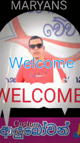 a man wearing sunglasses is standing in front of a welcome sign