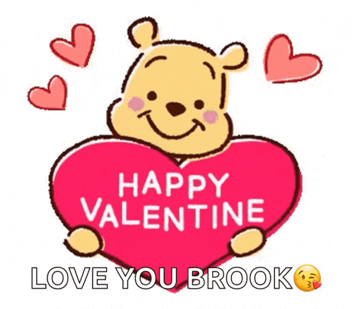 a winnie the pooh holding a red heart that says happy valentine love you brook