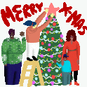 a group of people decorating a christmas tree with merry christmas written in red letters