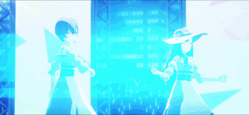 a couple of anime characters standing in front of a blue screen