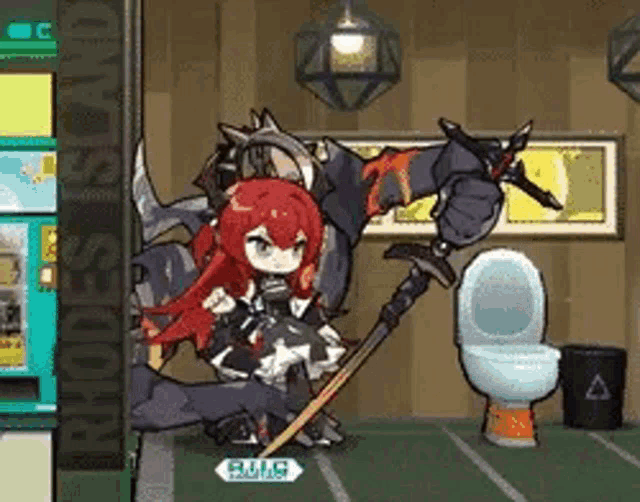 a girl with red hair is holding a sword in front of a toilet in a video game .