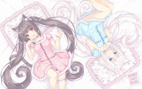 two anime girls are laying on a bed and one of them has the word fan written on the bottom