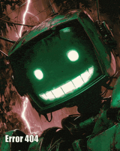 a green robot with a smiling face and error 404 on the bottom right