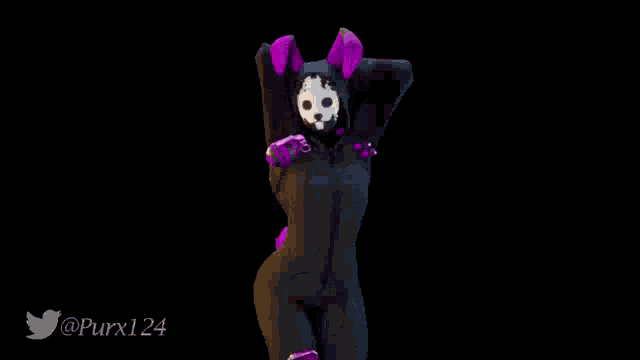 a person in a bunny costume is dancing in front of a purple r