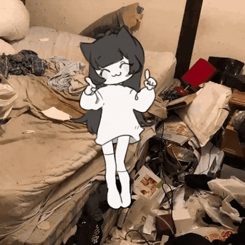 a drawing of a girl giving a peace sign in a messy room