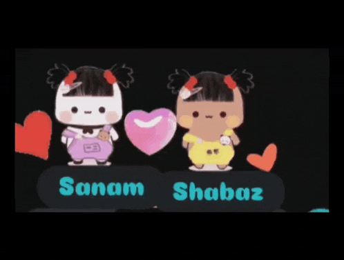 sanam and shabaz are standing next to each other holding a heart