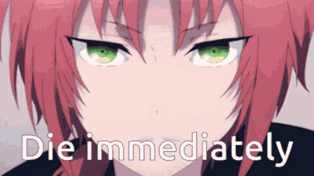 a girl with red hair and green eyes has the words die immediately above her