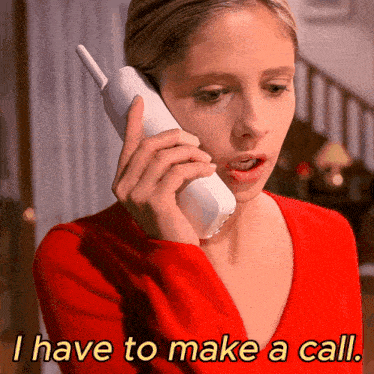 a woman in a red sweater is talking on a cell phone with the words i have to make a call below her