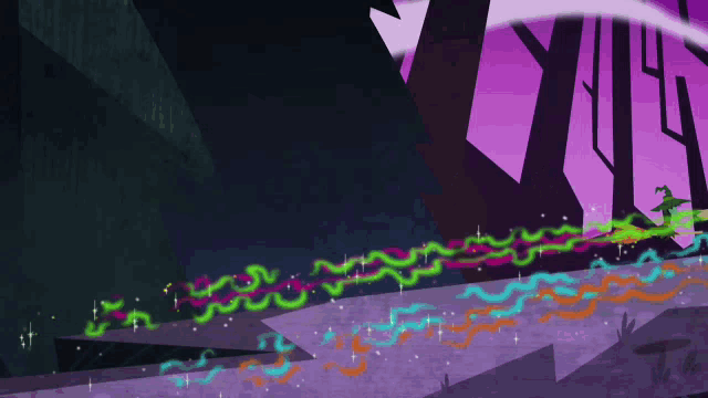 a cartoon of a witch in a forest with a purple background