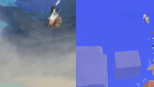 a cartoon of a girl falling into the water next to a cartoon of a girl flying through the air .