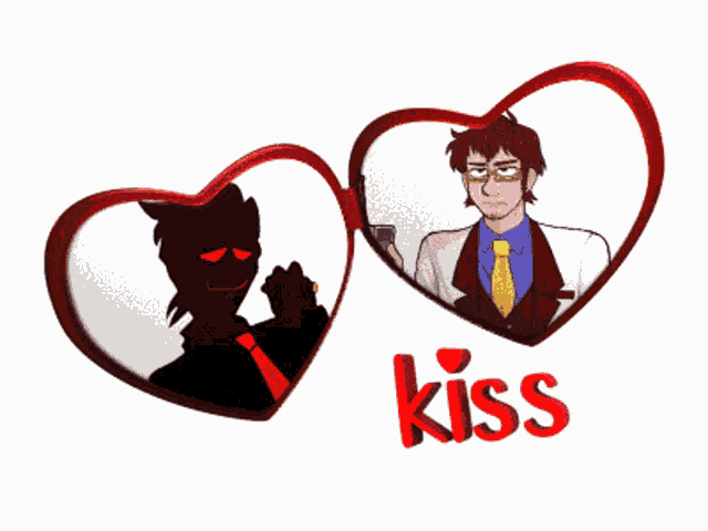 two hearts with a man in a suit and tie and the word kiss on the bottom