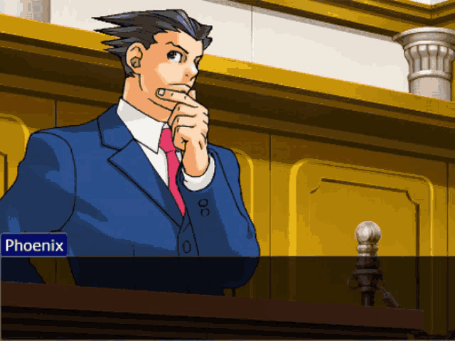 a video game character named phoenix is sitting at a podium in a courtroom