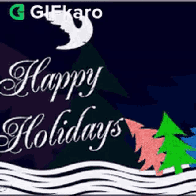 a greeting card that says happy holidays with trees and mountains in the background