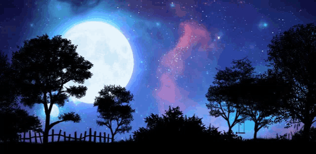 a full moon shines brightly over a fence and trees
