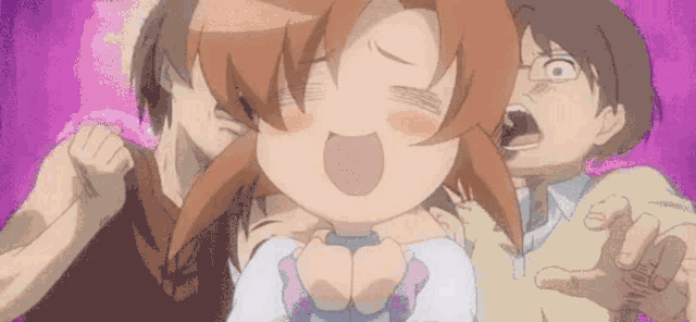 a group of anime characters are standing next to each other and one of them is making a face .