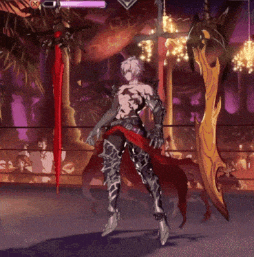 a video game character is holding two swords and a cross