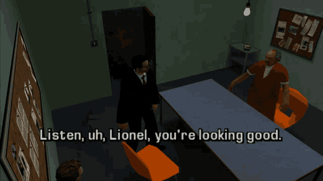 a video game scene where a man says listen uh lionel