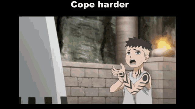 a cartoon of a boy with a tattoo on his arm and the words cope harder below him