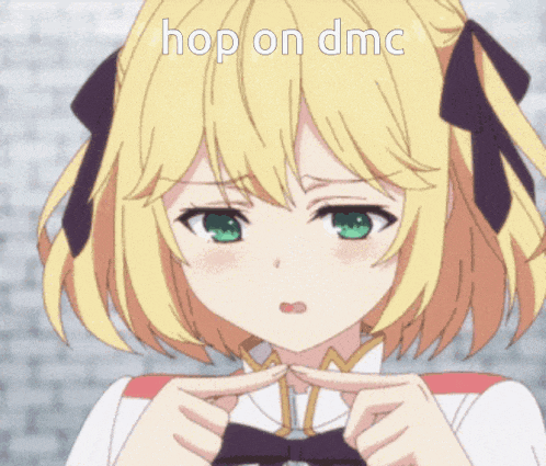 a picture of a girl with the words hop on dmc on the bottom