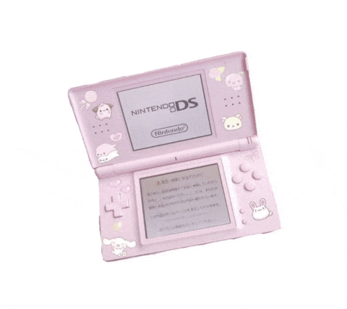 a pink nintendo ds is open to a screen that says nintendo