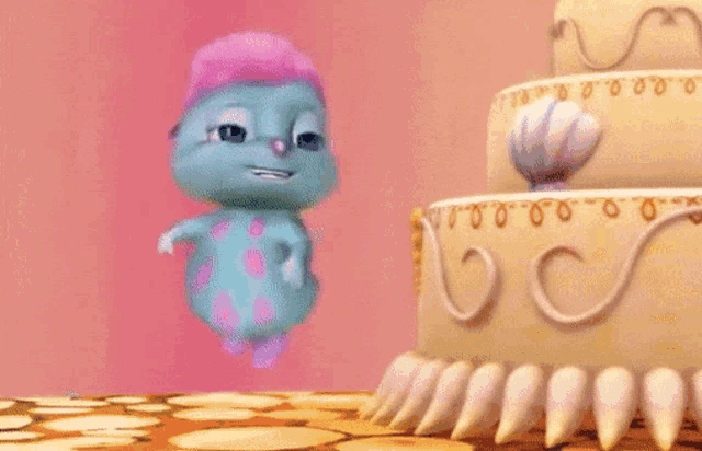 a cartoon character is flying in front of a cake with icing on it