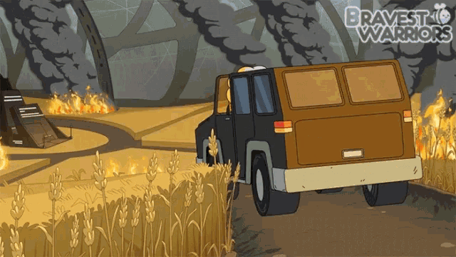 a cartoon of a van in a field with the words bravest warriors above it