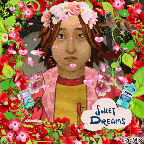 a picture of a girl with flowers in her hair and a sweet dreams sign