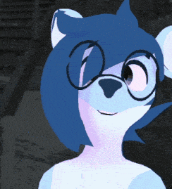 a cartoon character with blue hair and glasses looks at the camera