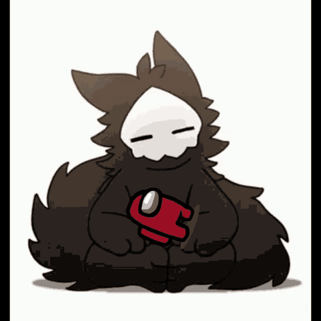 a cartoon drawing of a furry animal holding a red among us character
