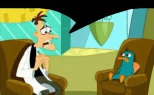 a cartoon character is sitting in a chair talking to a stuffed platypus .