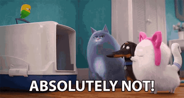 a cat , dog , and bird are standing next to a litter box with the words absolutely not .