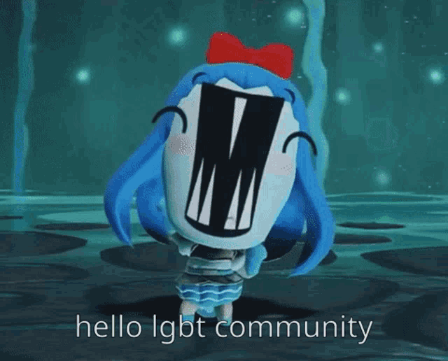 a video game character says hello lgbt community in front of a blue background