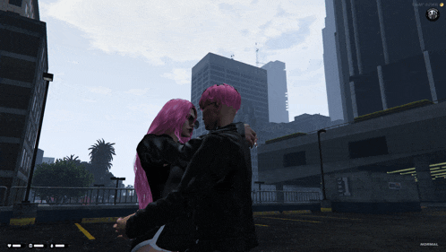 a screenshot of a video game shows a man and a woman hugging