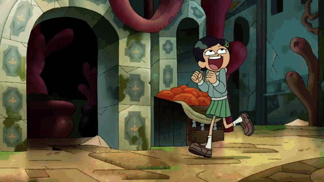 a cartoon girl is standing in front of a building with a basket of oranges in front of her