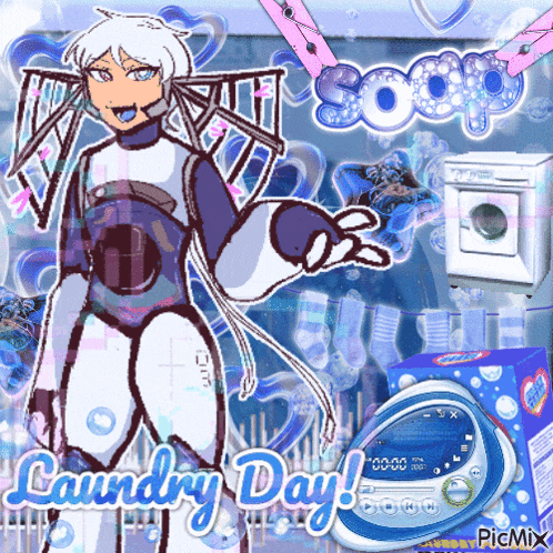 a picture of a robot with the words laundry day written on it