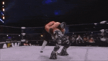 a couple of men are wrestling in a wrestling ring .