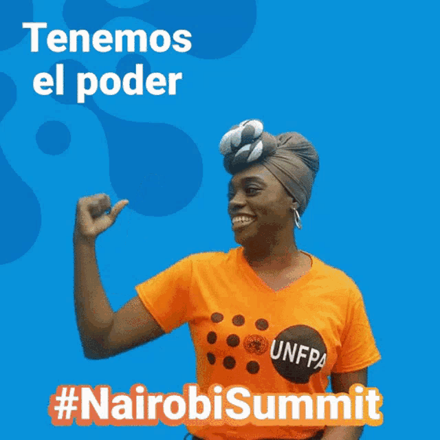 a woman flexes her arm in front of a blue background that says " tenemos el poder "