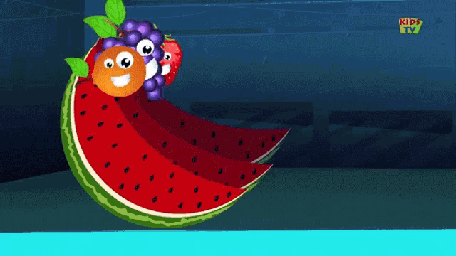 a watermelon grapes orange and strawberry are on a kids tv advertisement