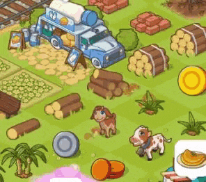 a cartoon illustration of a farm with a truck , a cow , a dog , logs and other items .