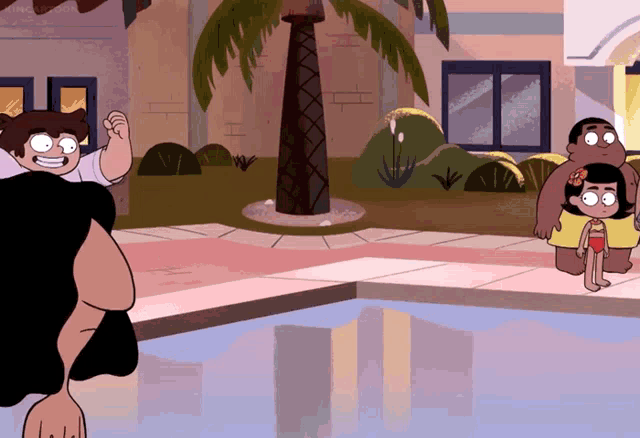 a cartoon of a family standing by a pool with a palm tree in the background