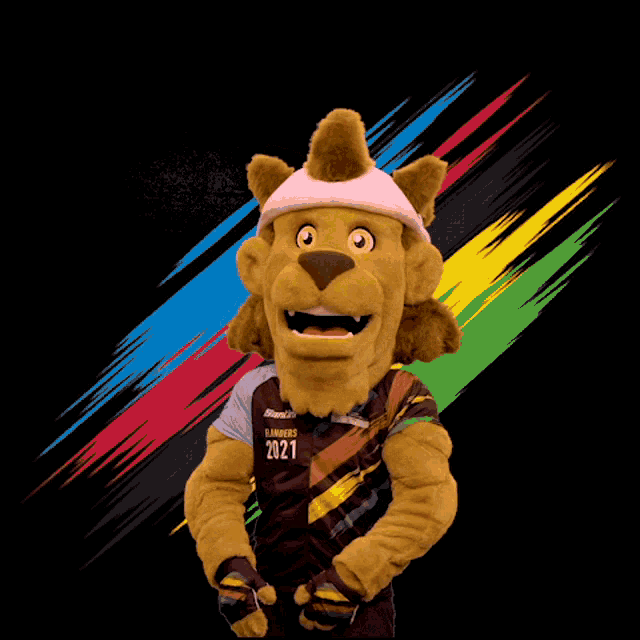 a lion mascot wearing a shirt with the number 021