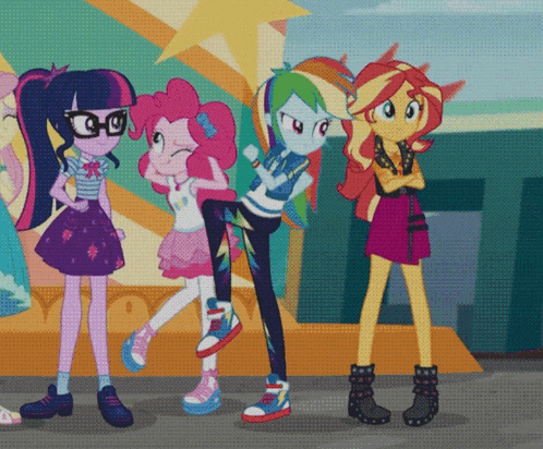 rainbow dash and pinkie pie are standing next to each other in an animated scene from my little pony equestria girls