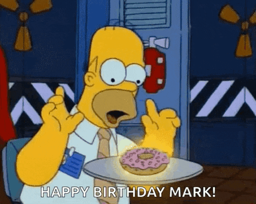 homer simpson is holding a plate with a donut on it and saying happy birthday mark .