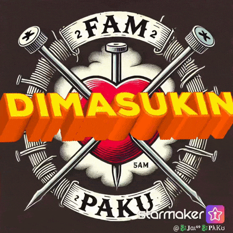 a poster that says " dimasukin " with a heart surrounded by nails