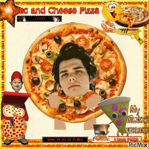 a pizza with a man 's face on it and the words mac and cheese pizza on the bottom