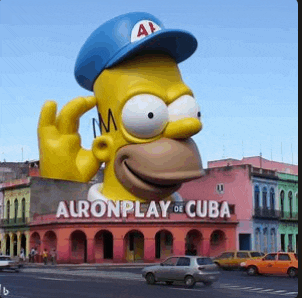 a giant statue of homer simpson wearing a blue hat is in front of a building that says alronplay de cuba