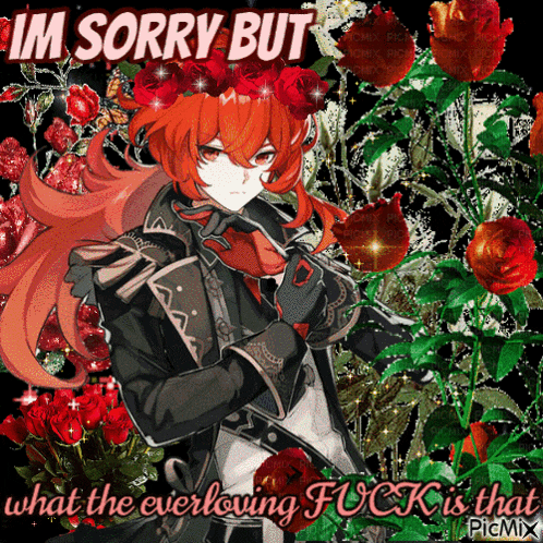 a picture of a man with a flower crown on his head with the words im sorry but what the everloving fuck is that