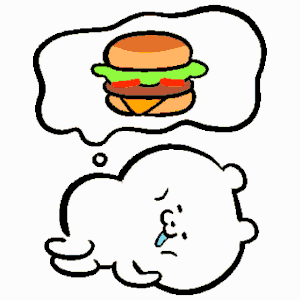 a cartoon of a person thinking about a hamburger