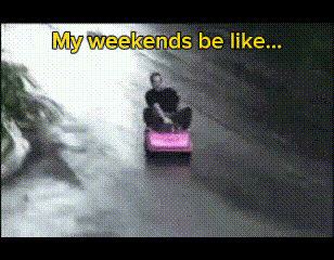 a black and white photo of a person on a pink scooter with the words my weekends be like
